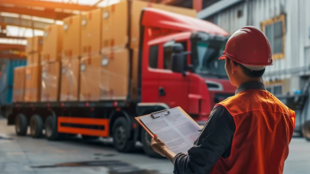 Commercial truck transporting cargo with a checklist highlighting Goods in Transit Insurance exclusions.