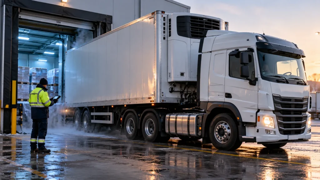 Refrigerated truck at a cold-store loading dock, illustrating cold-chain goods in transit insurance in South Africa