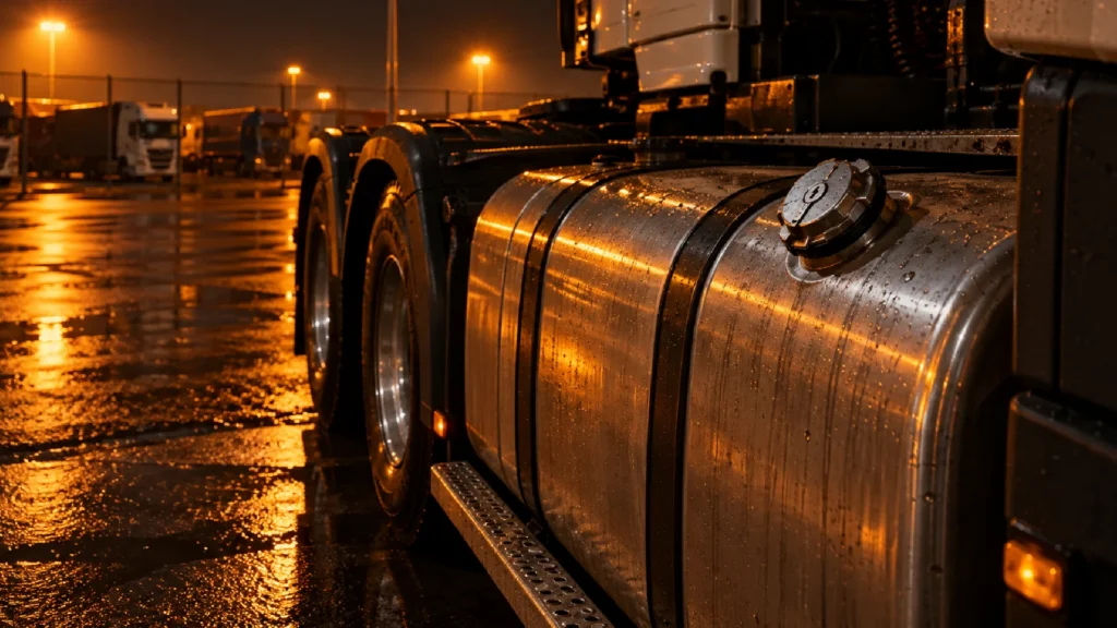 Truck parked at a truck stop at night with a locked diesel tank, illustrating diesel theft risk for South African fleets